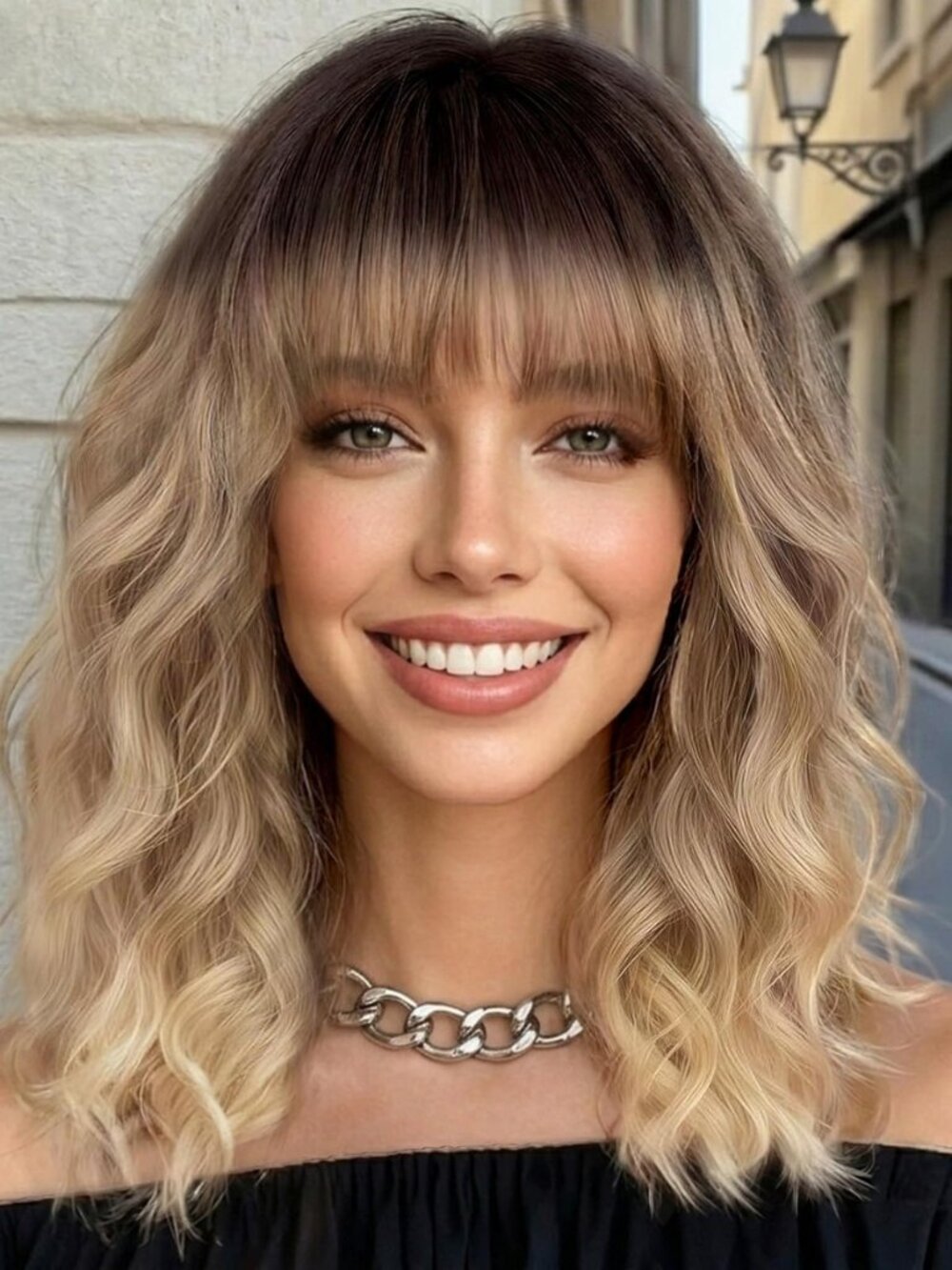 Blonde Wigs with Bangs Short Ombre Wigs for Women Wavy Curly 14 Inch